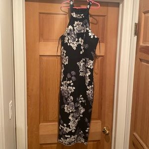 Black floral Embroidered Halter Midi Dress